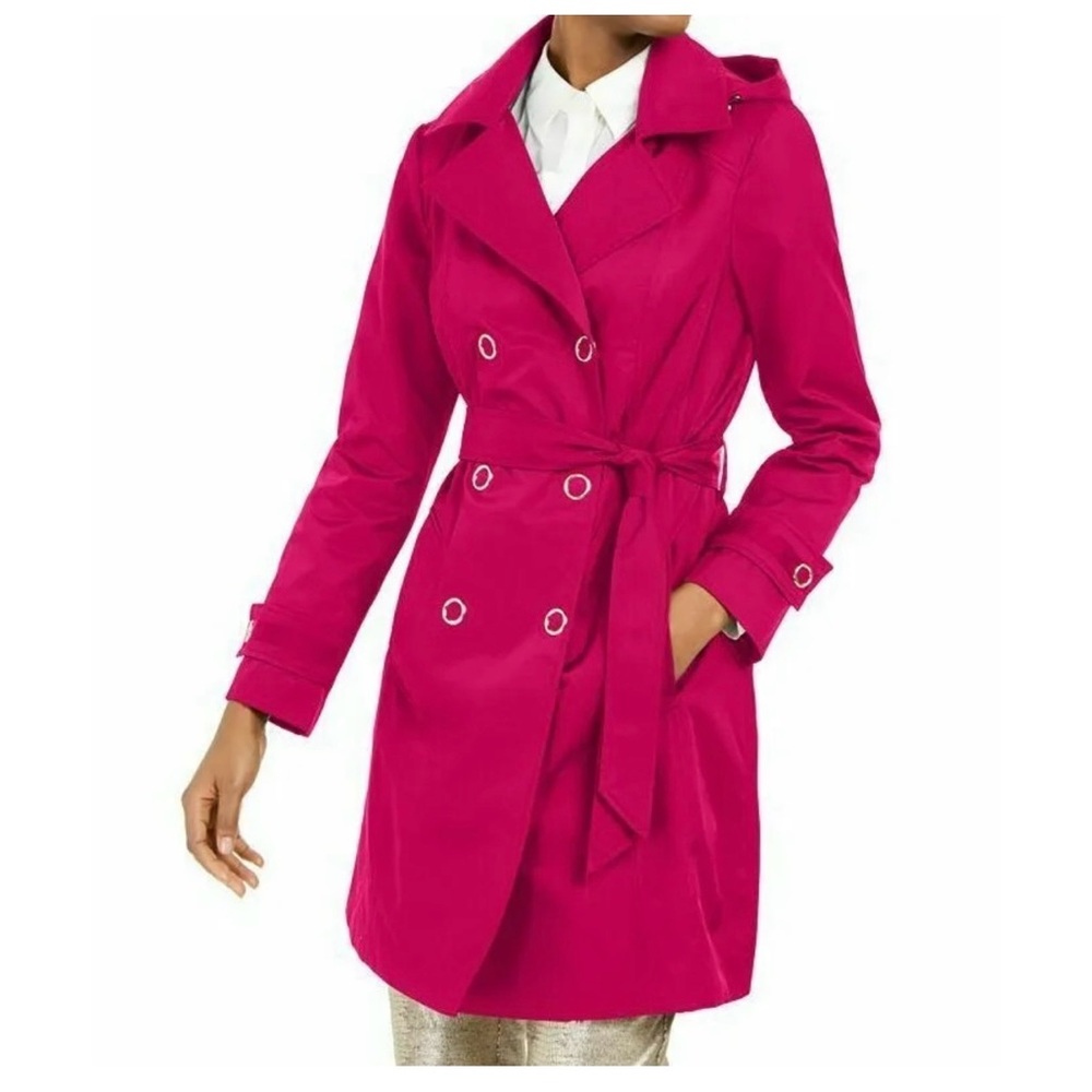 Anne Klein Double- Breasted Hooded Water-Resistant Trench Coat Fuchsia. New*****